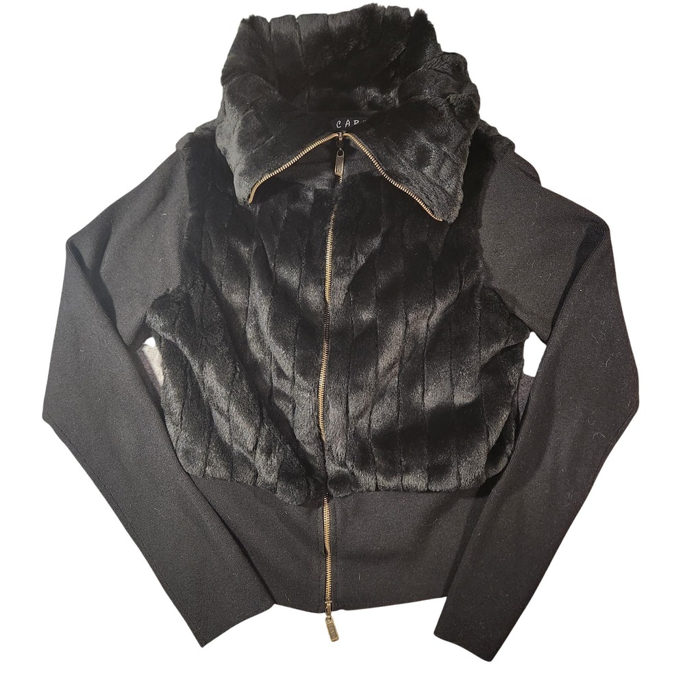 Dolce Cabo Jacket Womens Large Black‎ Rabbit Fur Front Zip Knit Sweater Coat Y2K
